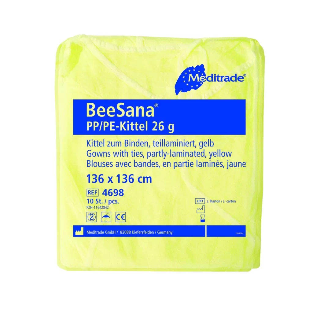 BeeSana PP/PE-Kittel 26 g, wasserabweisend, teillaminiert, Trikobündchen, gelb, 10 x 10 Stk.