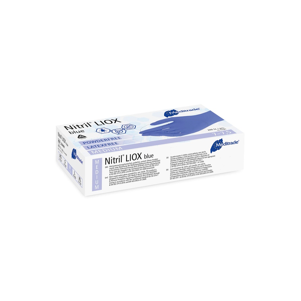 Nitril® LIOX, guanto da esplorazione antimicrobico in nitrile, BLU, senza polvere, medio (7-7,5), 200 pz.