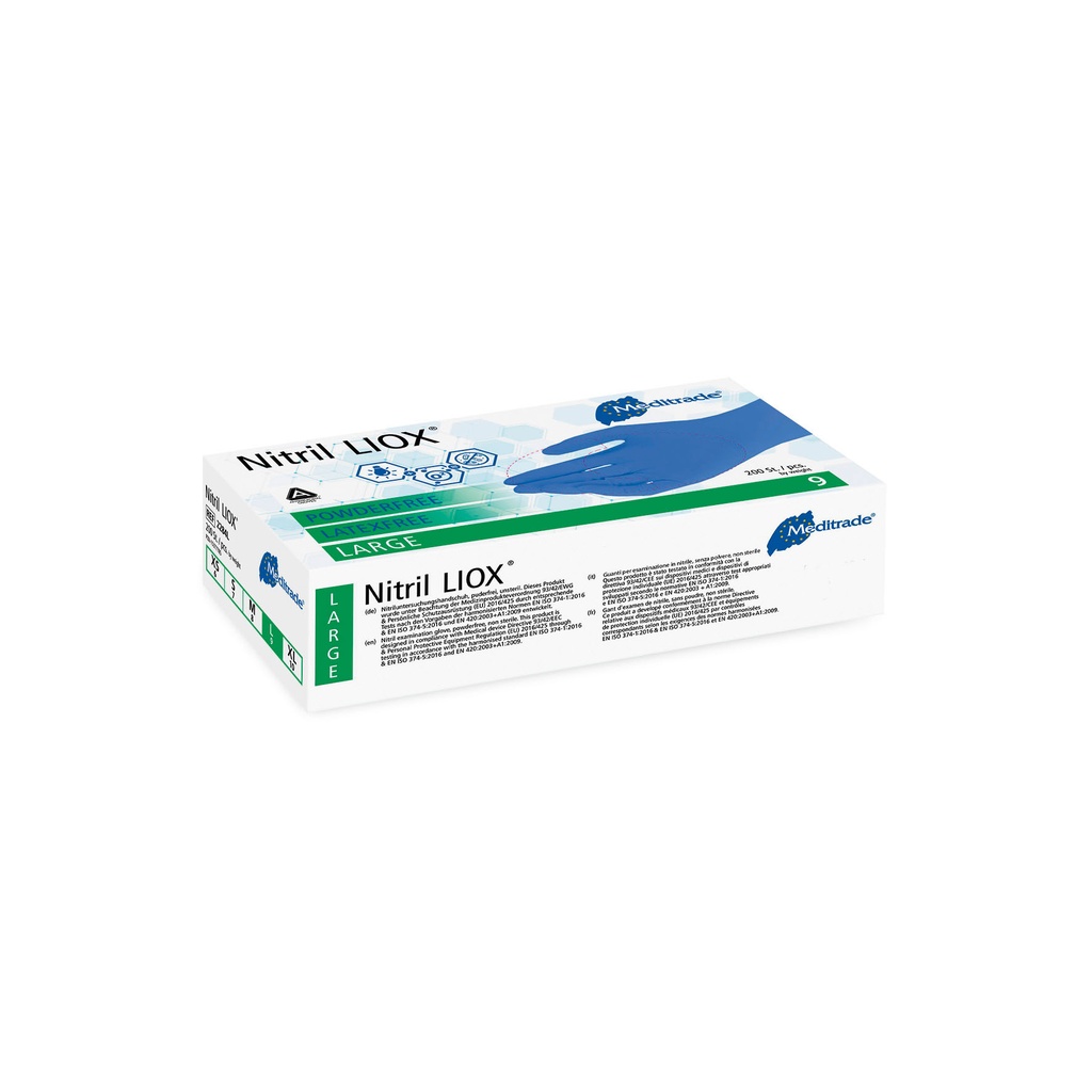 Nitril® LIOX, guanto da esplorazione antimicrobico in nitrile, BLU, senza polvere, grande (8,0-8,5), 200 pezzi.
