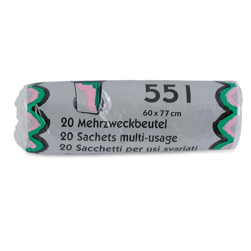 Sacs polyvalents 50-55 l, transparents, 8 my, avec cordons de fermeture jaunes, 20 sacs par rouleau