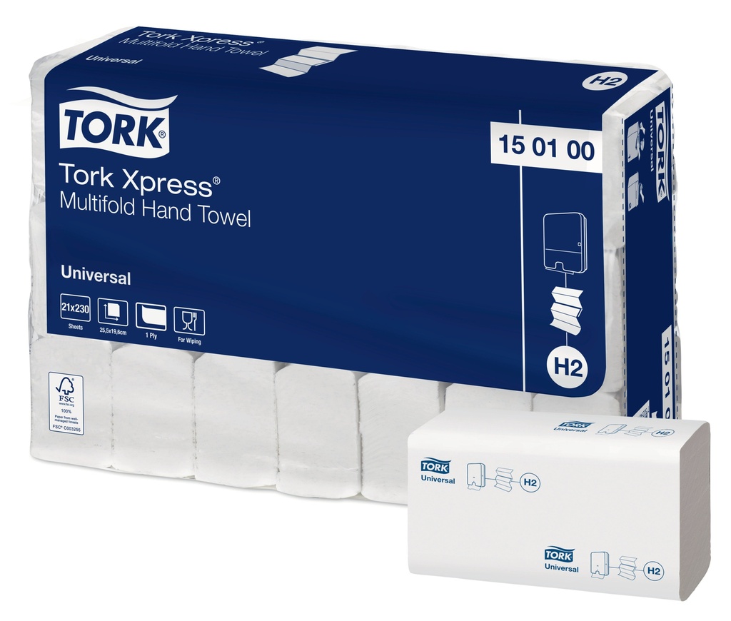 Tork Xpress® Multifold Hand Towels, 150100, Universal, 21x23.4 cm, White, 1lg, 21x230 pcs.