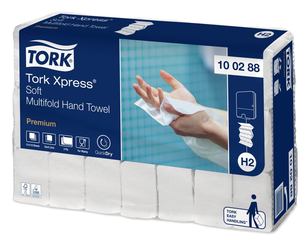 Tork Xpress® weiches Multifold Handtuch, 100288, H2, Premium, Weiß, 2lg., 21x110 Stk.