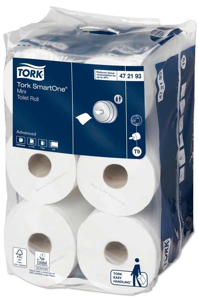 Tork SmartOne® Mini Toilet Paper, 472193, Advanced, White, 2-roll.