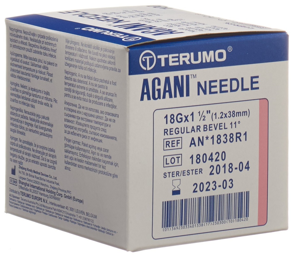 Einmalkanüle, TERUMO Agani, 18G rosa, 1.2 x 38 mm, Box à 100 Stk
