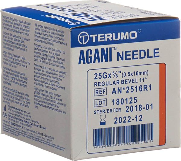 Cannula monouso, TERUMO Agani, 25G arancione, 0,5 x 16 mm, confezione da 100 pz.
