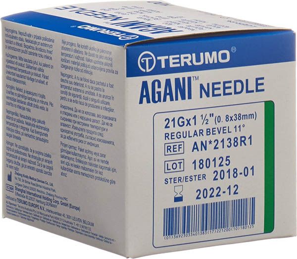 Cannula monouso, TERUMO Agani, 21G verde, 0,8 x 25 mm, confezione da 100 pz.