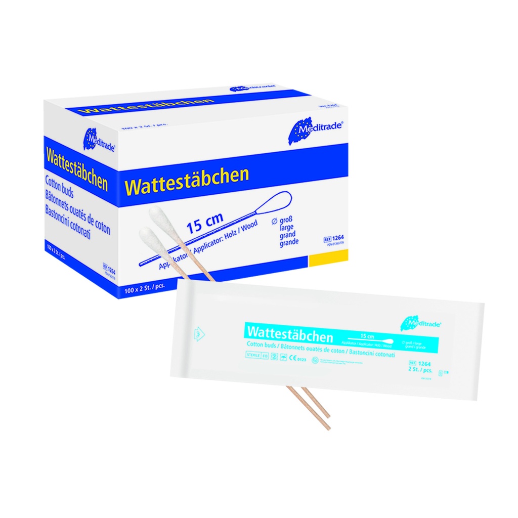 Wattestäbchen Meditrade einfach steril, 15 cm, grosser Kopf, Karton 100 x 2 Stk.