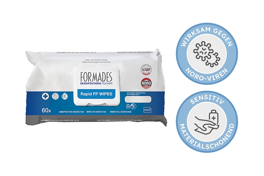 Formades Rapid FP Wipes (NEW), Sensitive, surface disinfection, 20x23 cm, 60 pcs. per flowpack incl. VOC