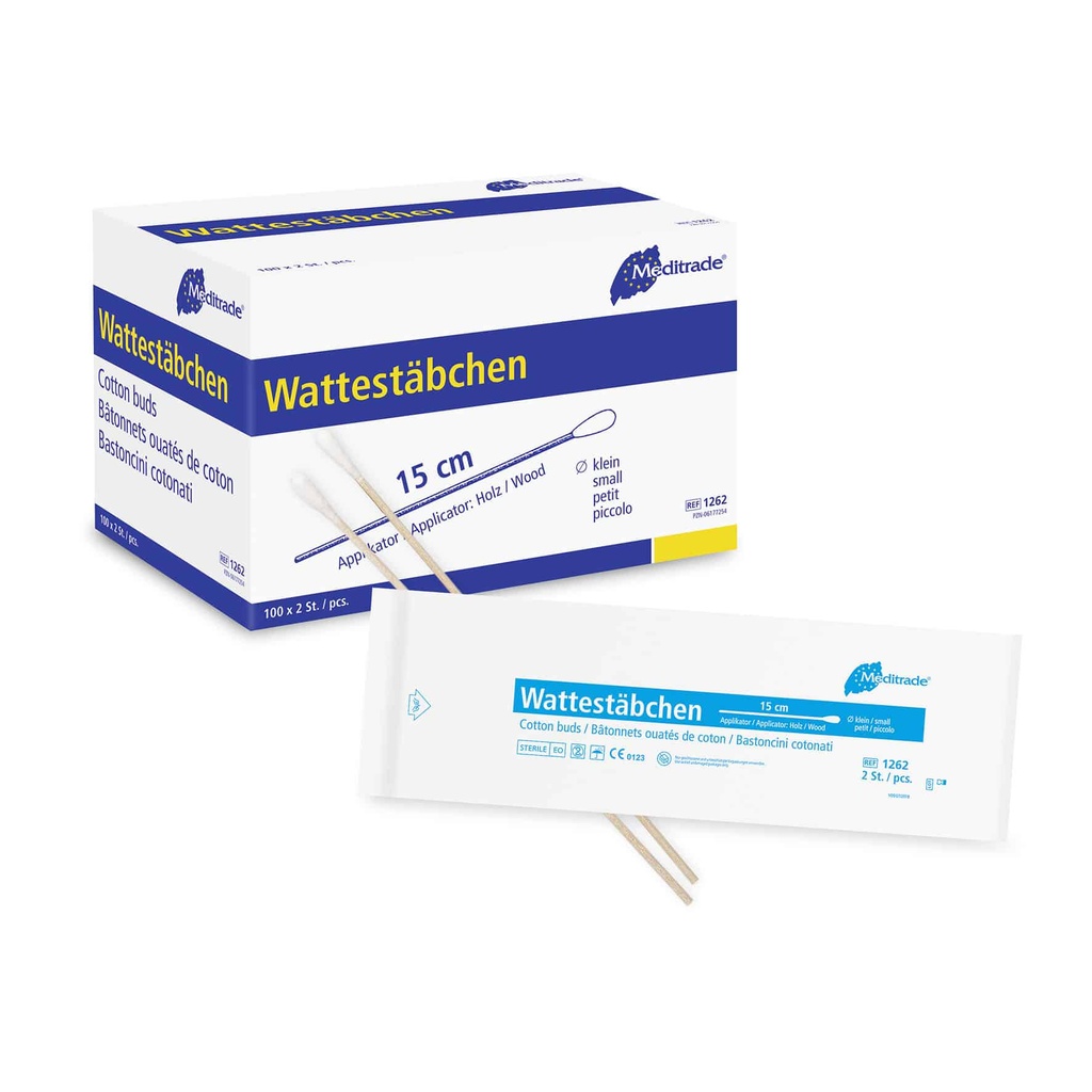 Cotton Swabs Meditrade Single Sterile, 15 cm, Small Head, carton 100 x 2 pcs.