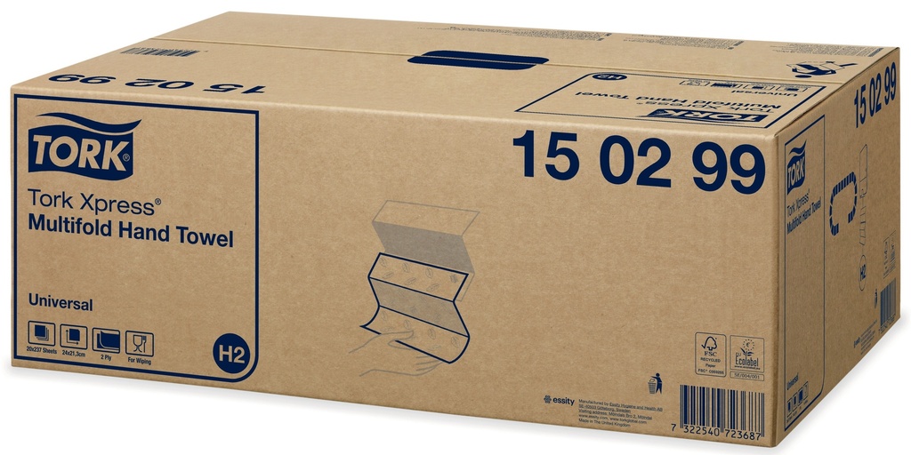 Tork Xpress® Essuie-mains Multifold, 150100, Universel, 21x23.4 cm, Blanc, 1lg., 21x230 pcs.