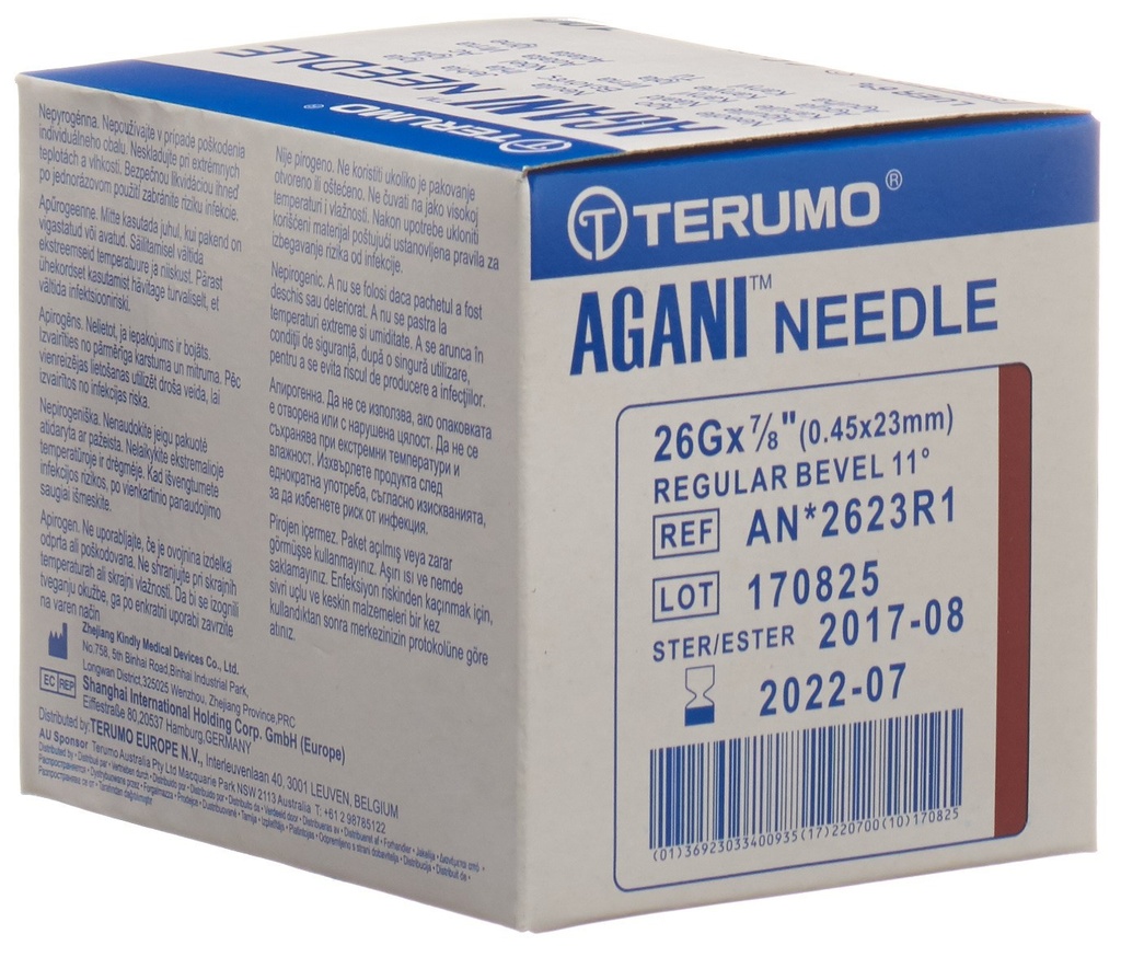 Aiguille jetable, TERUMO Agani, 25G orange, 0.5 x 16 mm, boîte de 100 pièces