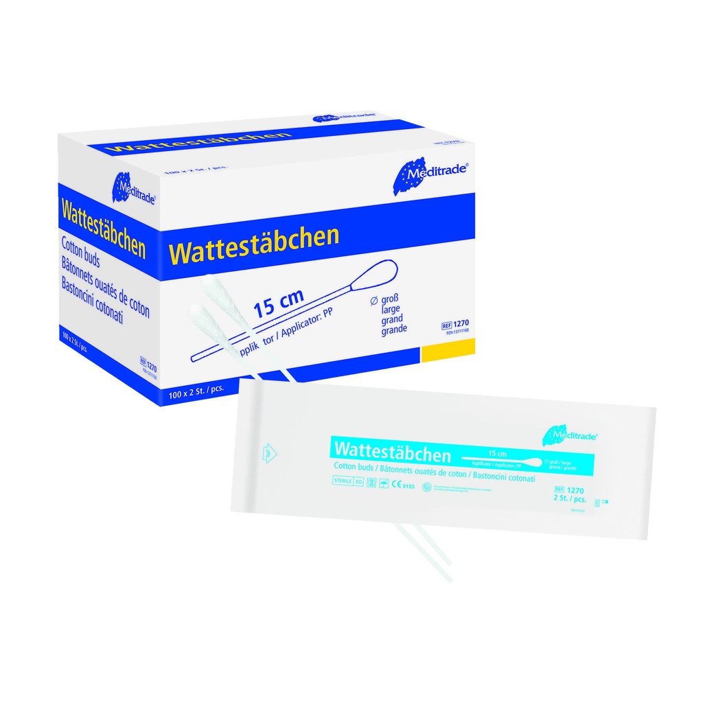 Bâtonnets ouatés Meditrade simplement stériles, plastique, 15 cm, grosse tête, carton 100 x 2 pcs.