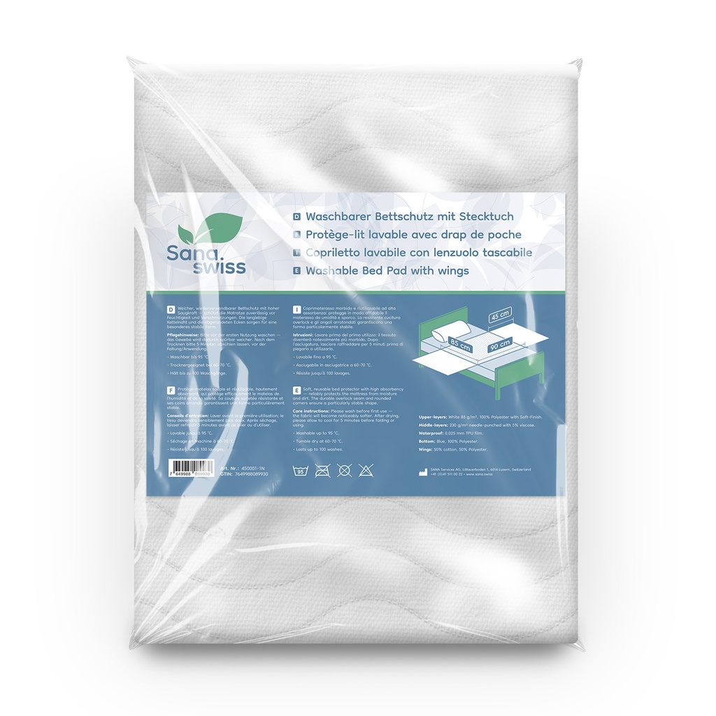 sana.swiss Bed Pad, housse de protection textile pour lit, 85 x 90 cm + 2x45cm, lavable avec drap à enfiler/plaquettes