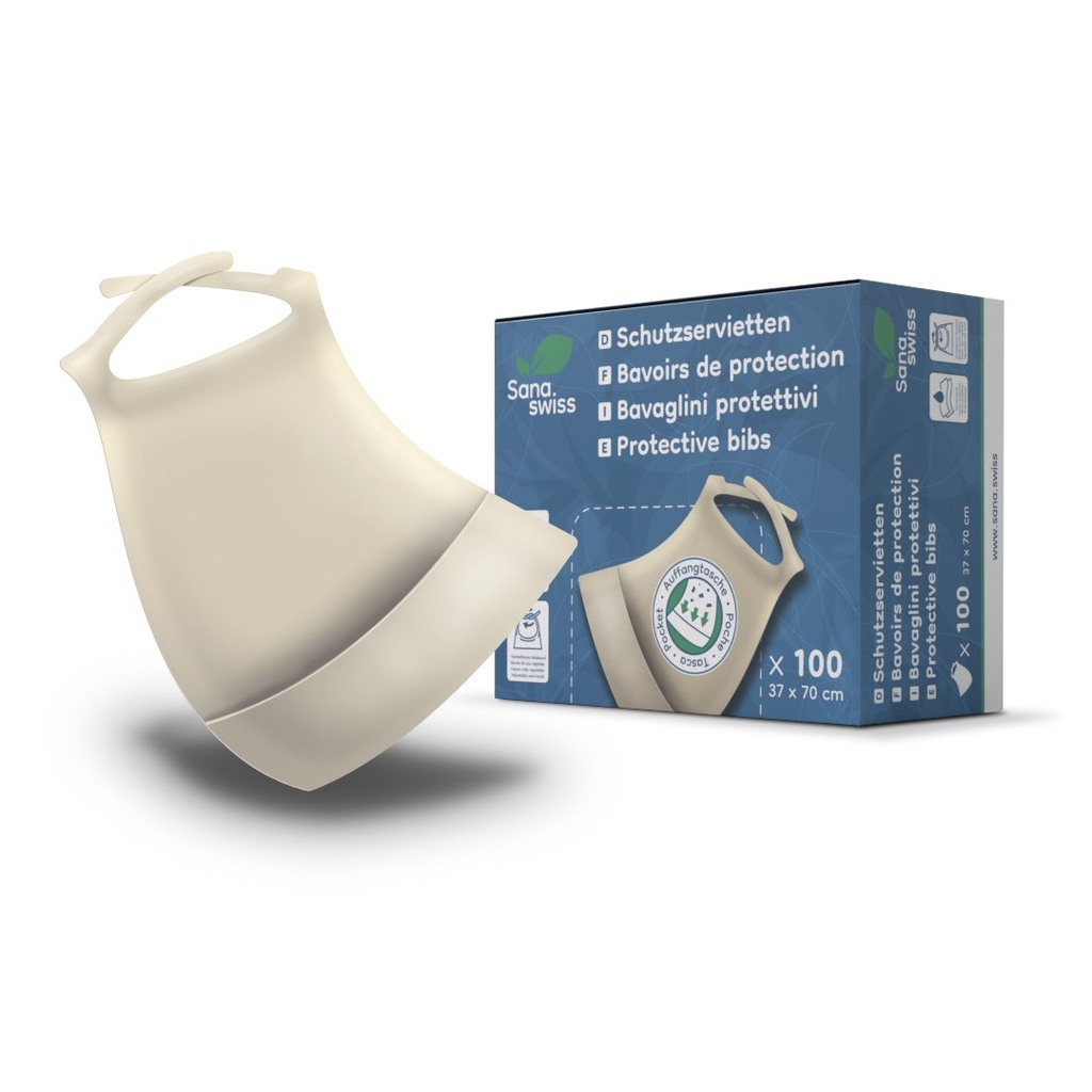 sana.swiss serviettes de protection (bibs), M/L, 37x70 cm, 100 pces dans une boîte distributrice en carton