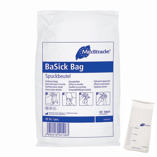 [440011N] BaSick Bag, sacchetto per il vomito con anello di chiusura, 16 x 40 cm, 1 x 25 pezzi.