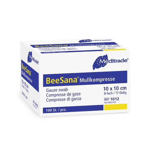 [400404N] Gazekompresse/Vlieskompresse BeeSana, unsteril, 10x10 cm, 8-fach, EN 14079, Box 100 Stück