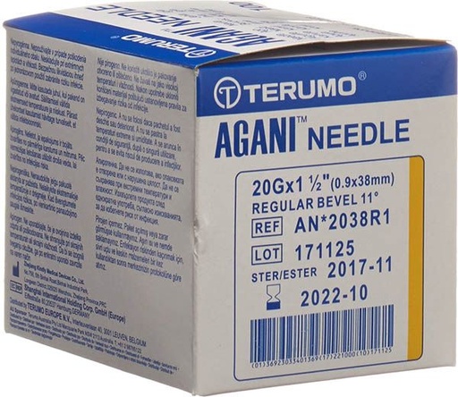 [400503N] Aiguille jetable, TERUMO Agani, 20G jaune, 0.9 x 25 mm, boîte de 100 pièces