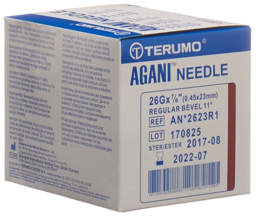 [400507N] Cannula monouso, TERUMO Agani, 25G arancione, 0,5 x 16 mm, confezione da 100 pz.