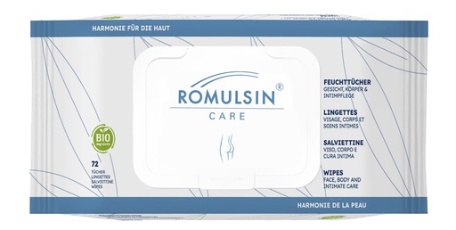 [420011-1N] Salviette umidificate Romulsin Care per viso, corpo e igiene intima, 72 pezzi.