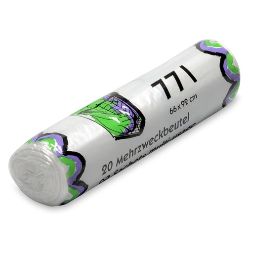 [720008-1N] Sacchetti multiuso da 77 lt, trasparenti, 9 my, con cordoncino di chiusura blu, 20 pezzi x 35 rotoli per cartone